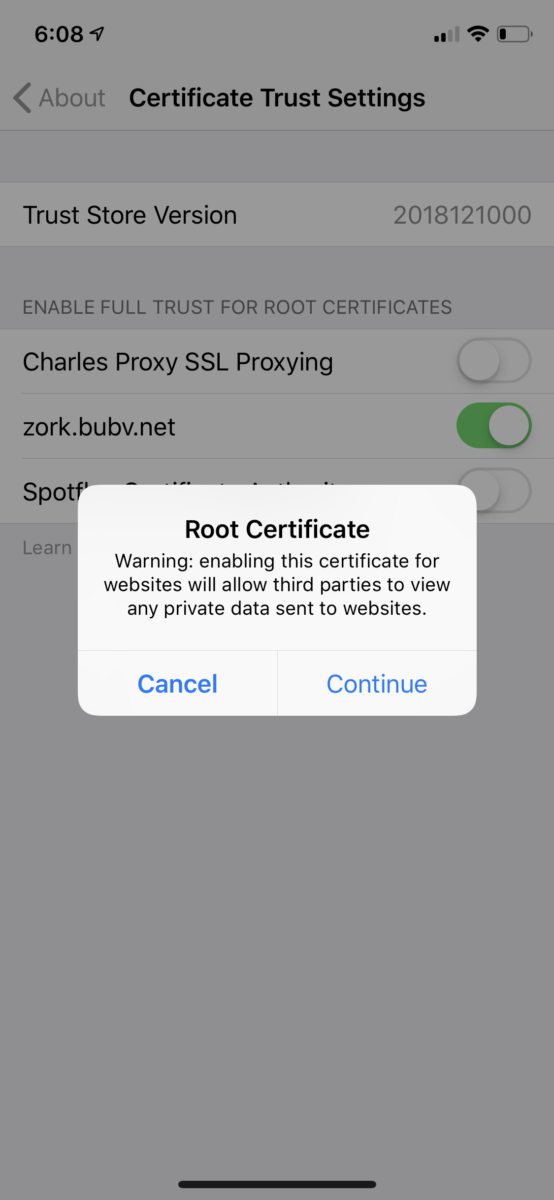 screenshot of 'Certificate Trust' settings