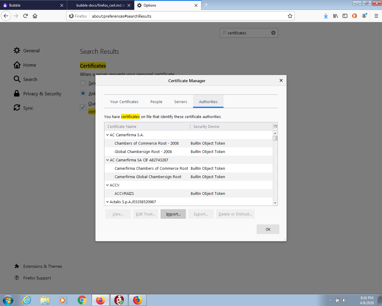 screenshot of Certificate Manager in Firefox preferences