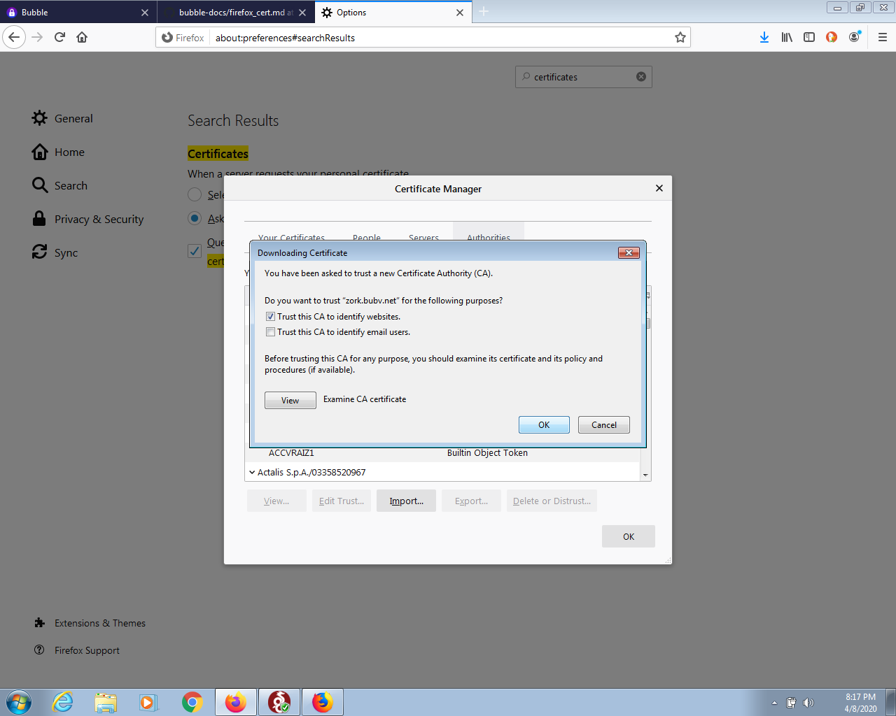 screenshot of certificate trust settings dialog