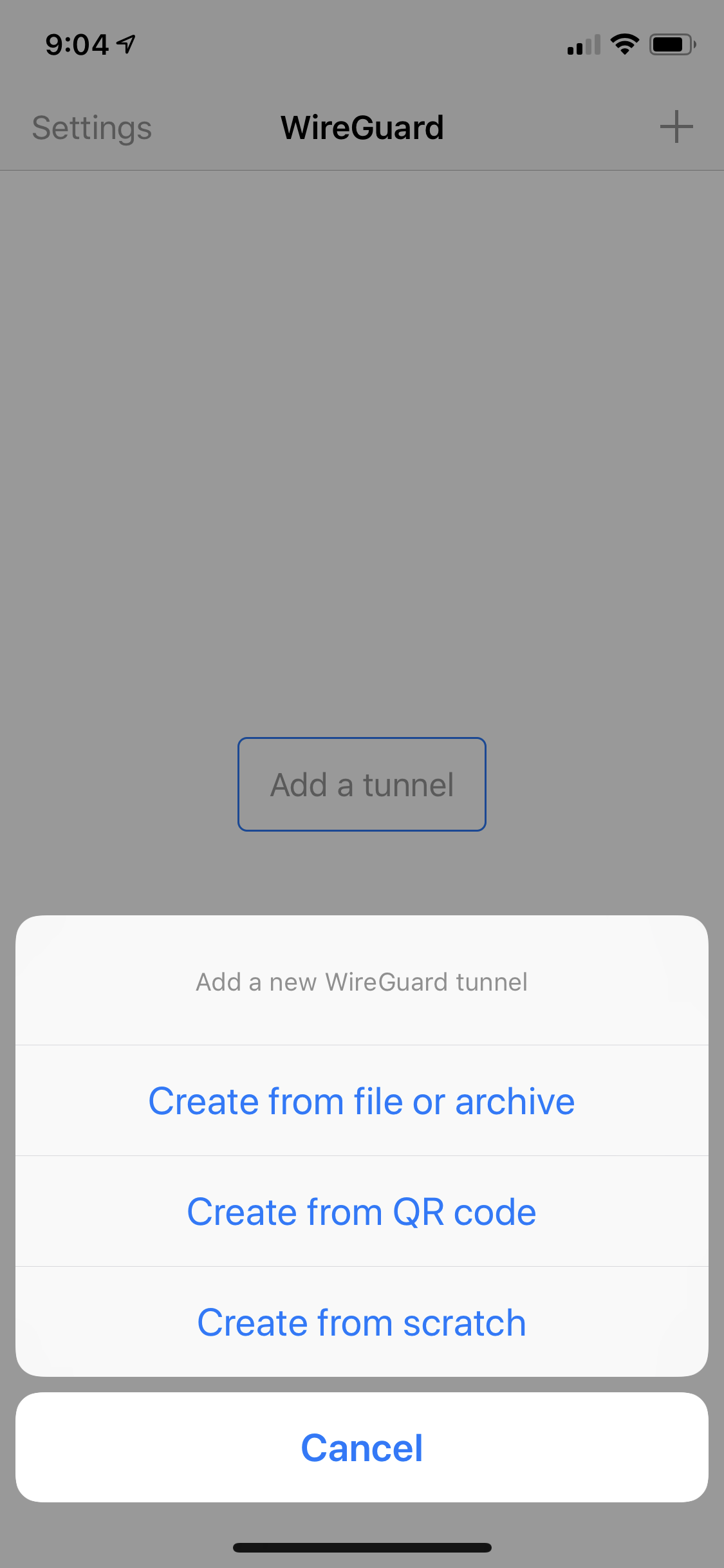 screenshot of WireGuard app with no VPNs yet configured