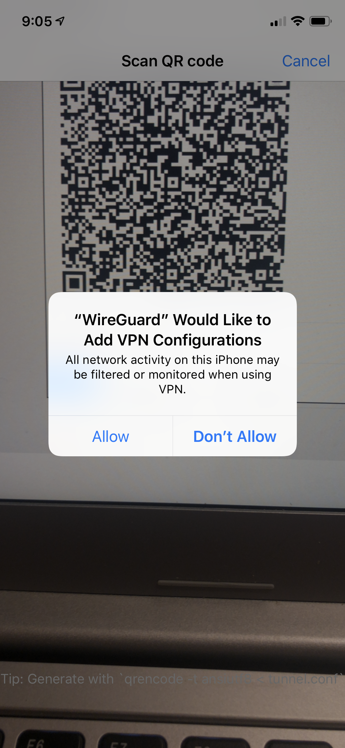 screenshot of WireGuard app adding VPN using QR code