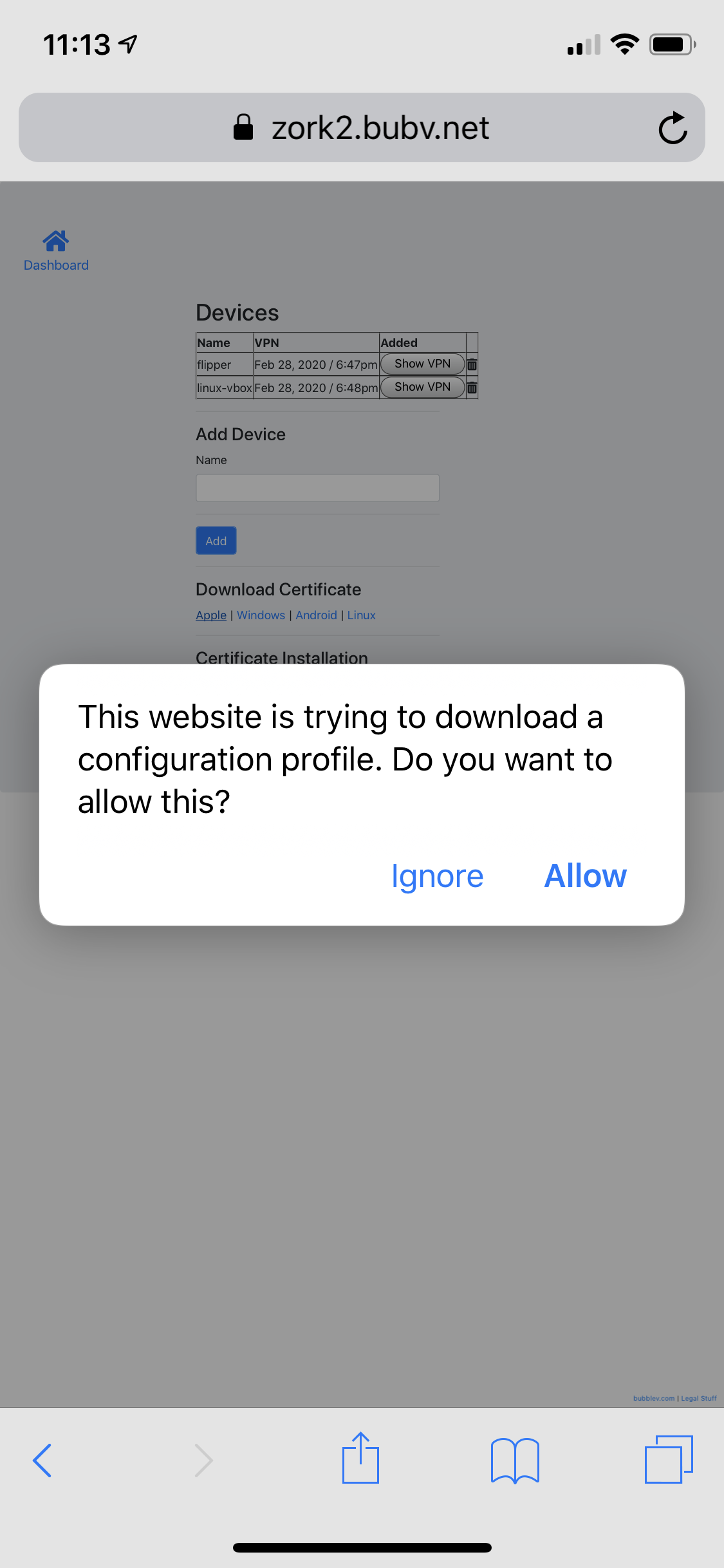 screenshot of download profile popup