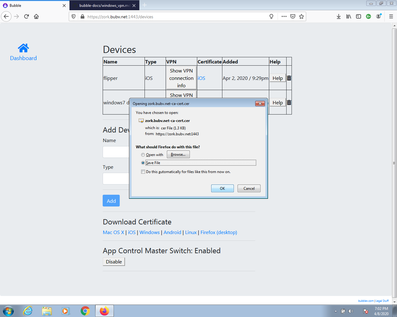 screenshot of download certificate dialog