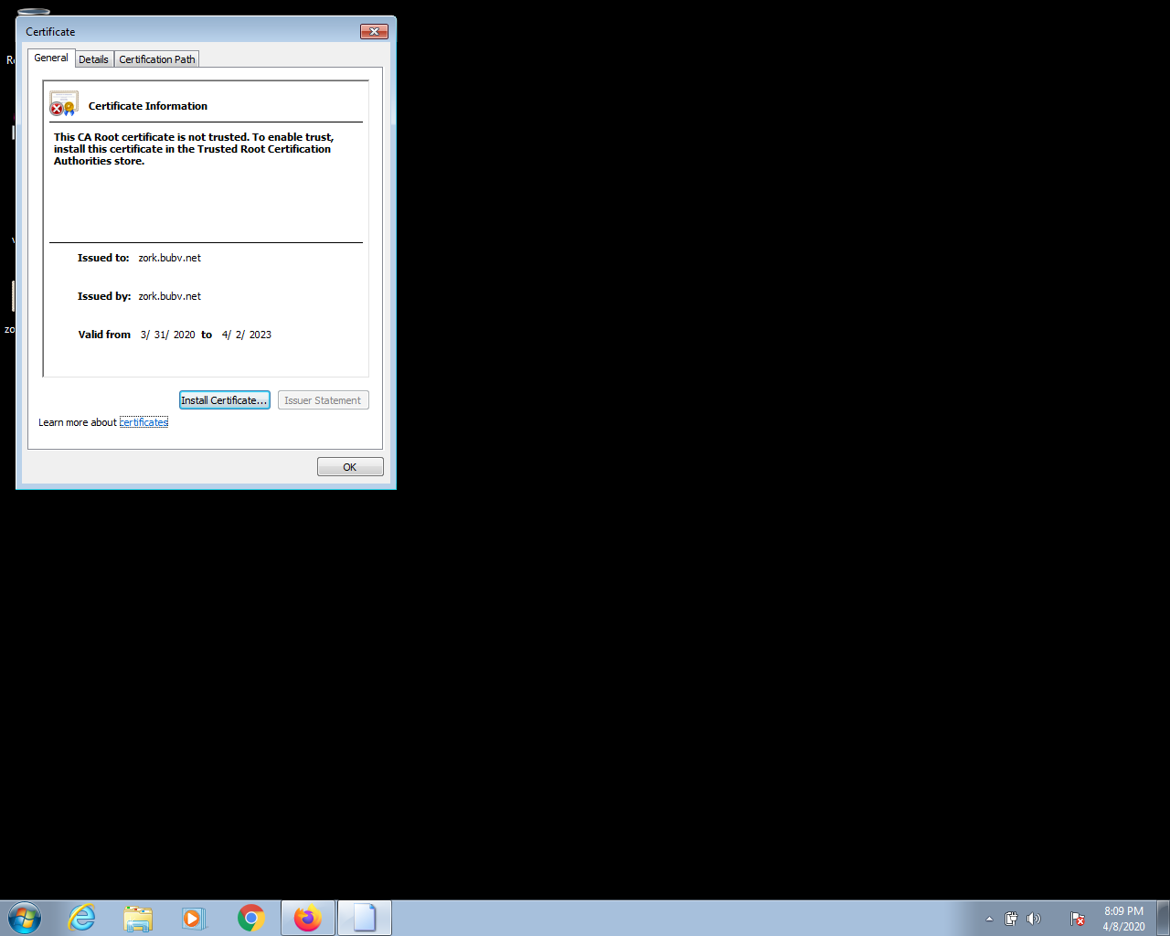 screenshot of Certificate dialog