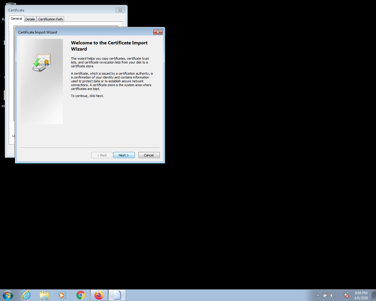 screenshot of Certificate Wizard initial dialog