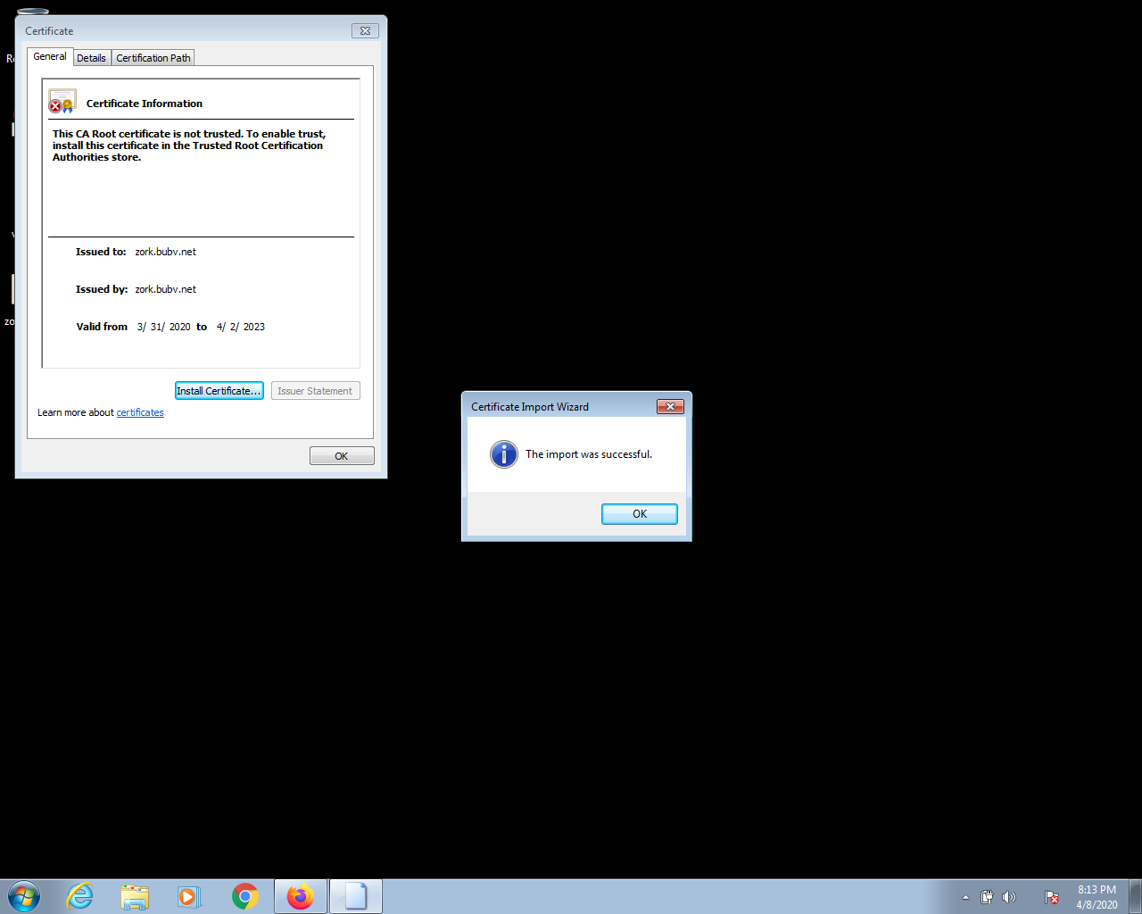 screenshot after successfully importing the certificate