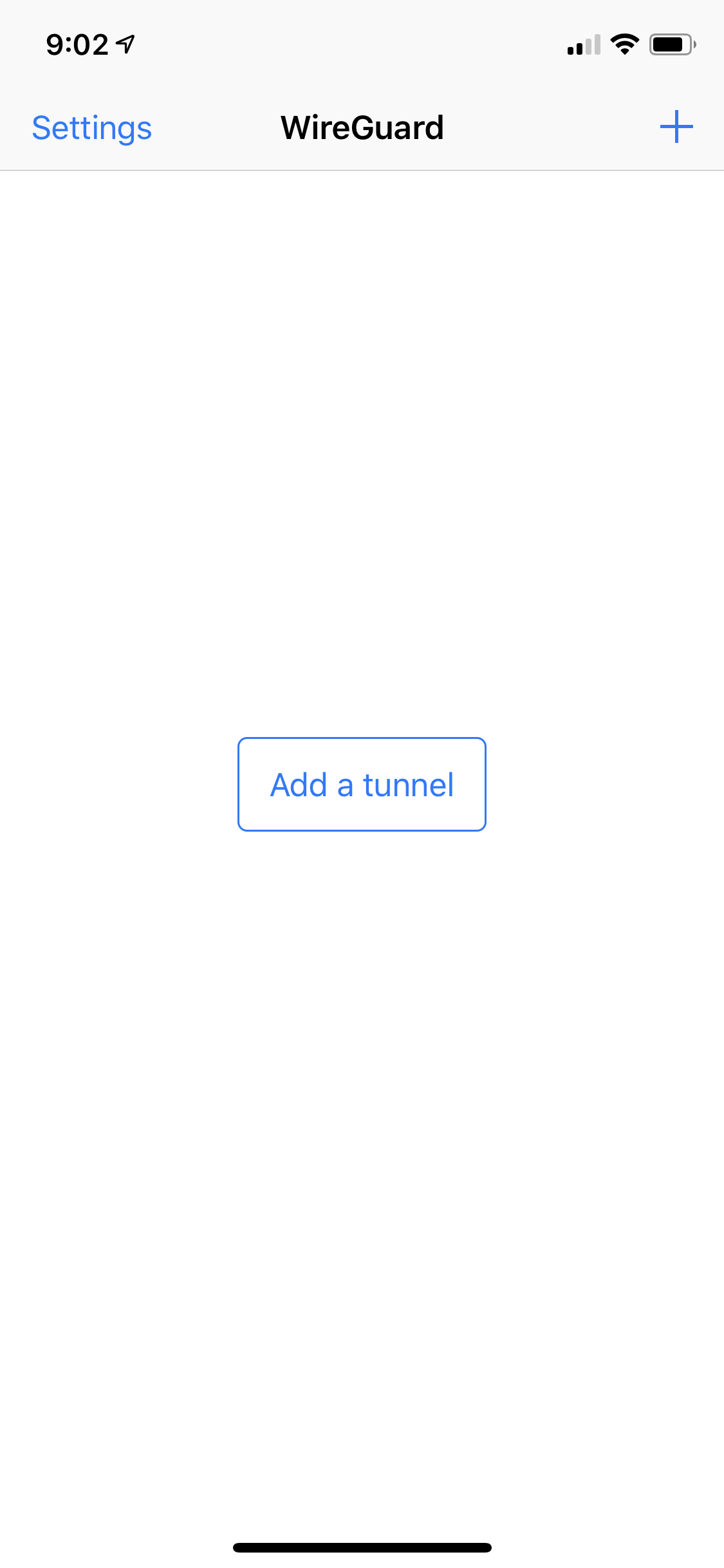 screenshot of WireGuard app with no VPNs yet configured